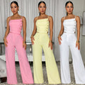 C7739 cross-border  new women's solid color ruched metal buckle cami top and wide-leg pants two-piece set