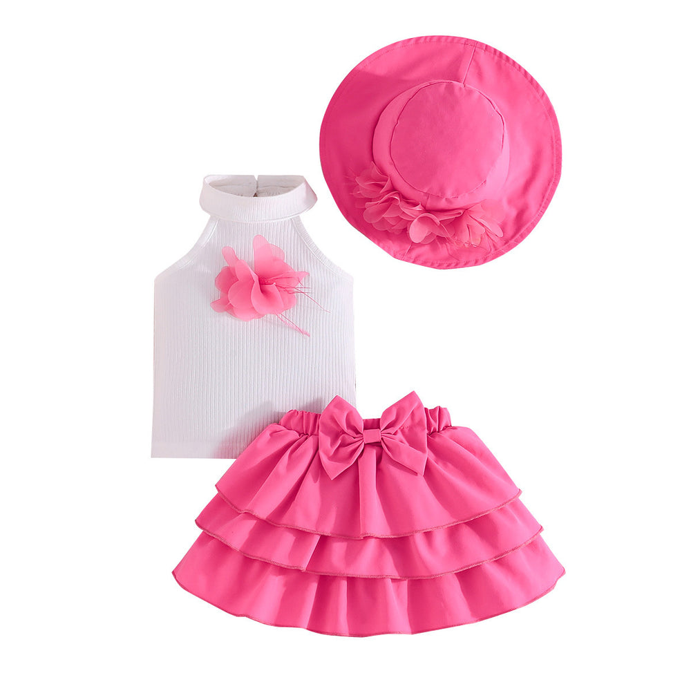 new european and american style girls' sleeveless solid color top with floral cake skirt and hat three-piece set