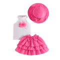 new european and american style girls' sleeveless solid color top with floral cake skirt and hat three-piece set