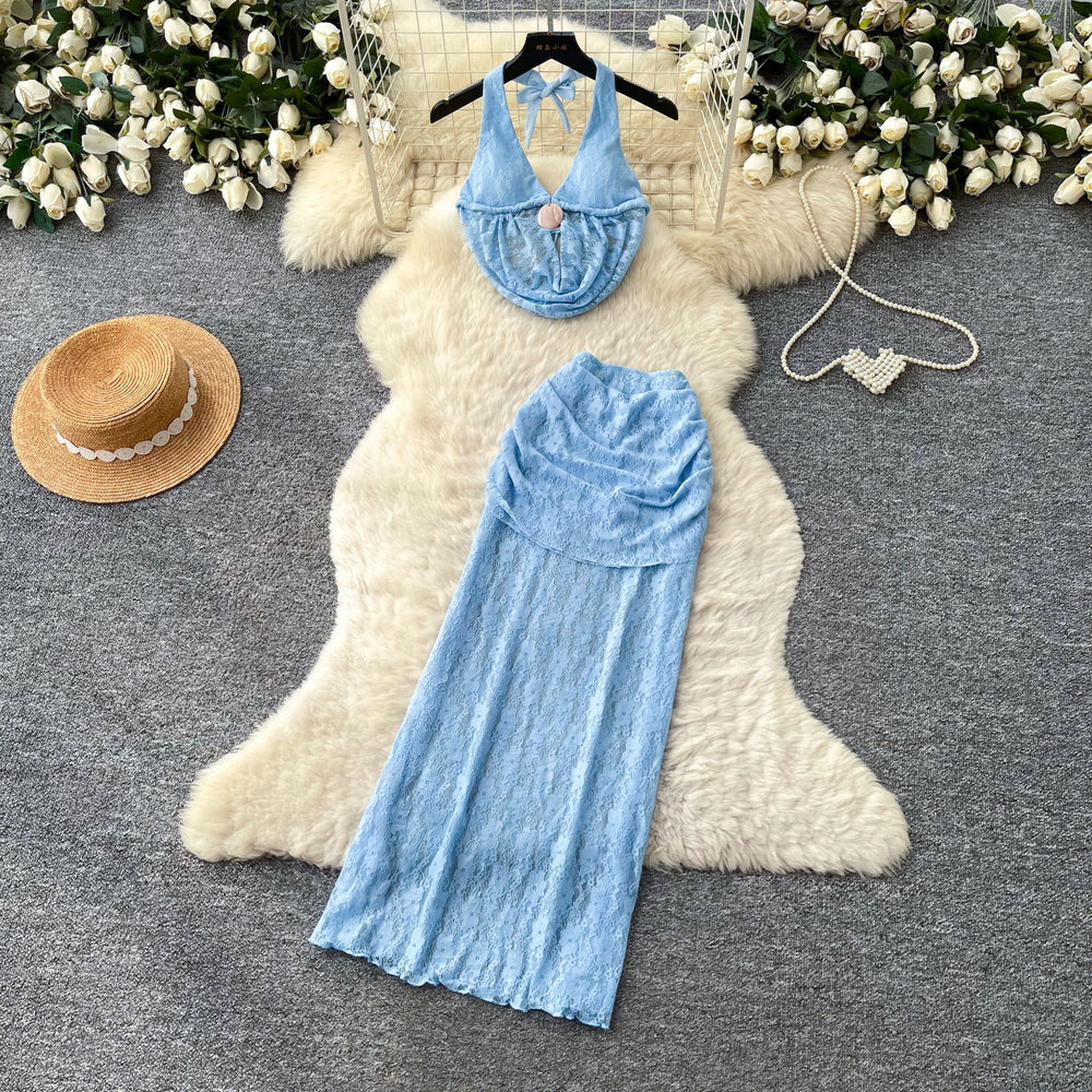 Accessible luxury holiday style halter camisole skirt two-piece set women's summerslimming lookwork clothingelegantsuit skirt