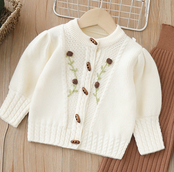 Dropshipping girls' knitted sweater two-piece set -  autumn/winter new collection - handmade floral pants outfit for baby girls