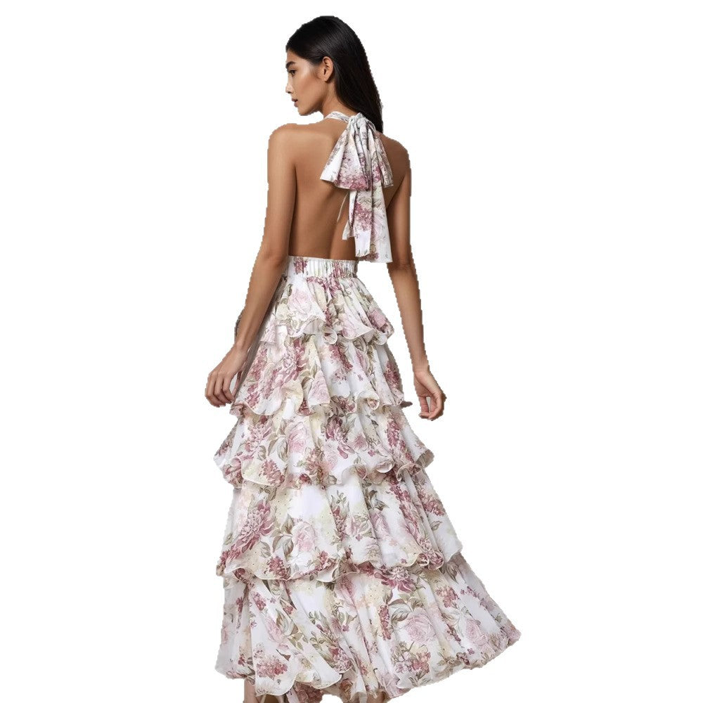 spring new arrival: european and american style women's fashionable and sexy v-neck camisole dress with multi-layered print