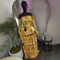 European and american cross-border women's fashion  summer new elegant printed off-the-shoulder ruched flared sleeve top and midi skirt set