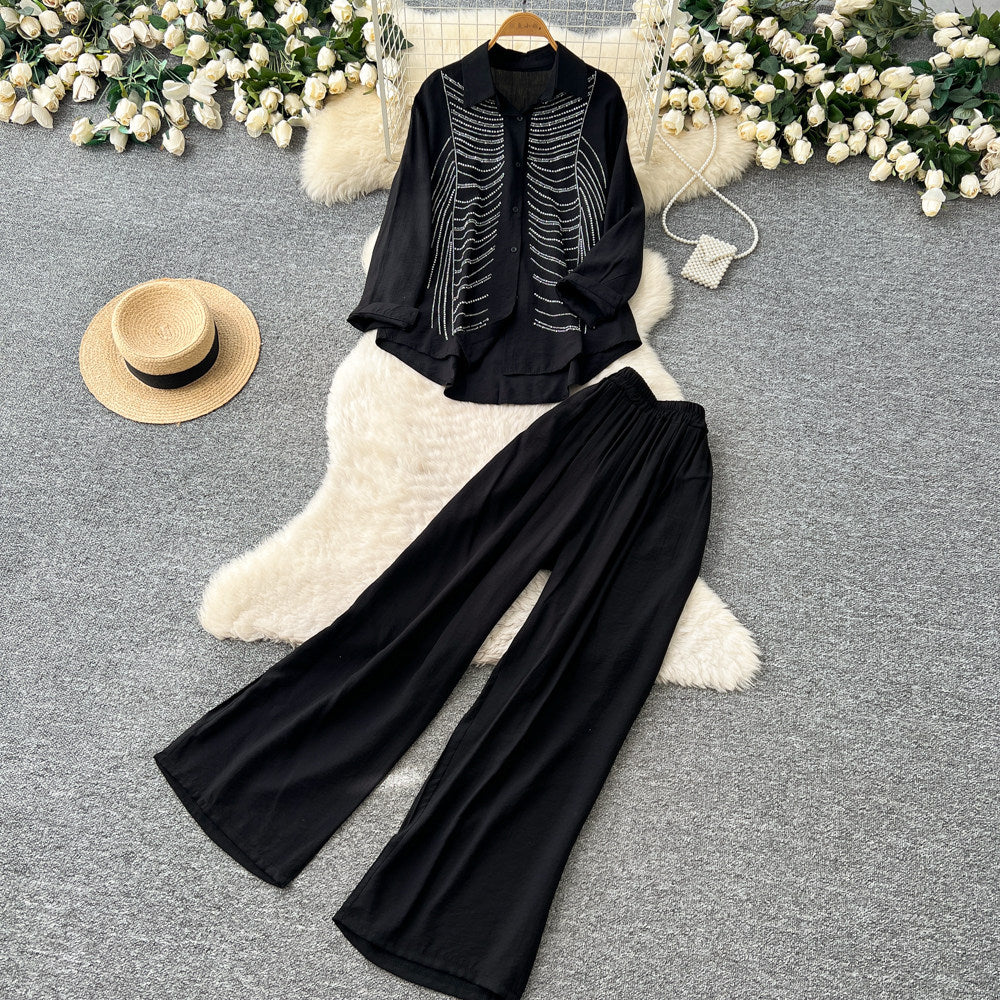 Lazy style sense of design diamond stripesshirtloose pantstwo-piece set women's spring autumwork clothingcasualelegantsuit