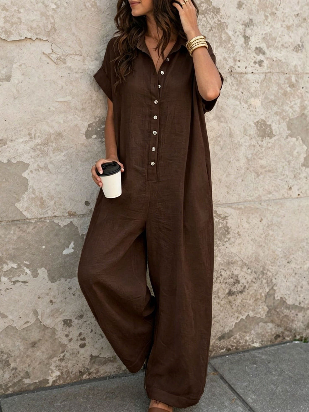 Independent station fashion cross-border  summercasualelegantwork clothingpure colorshirt button loose short-sleeved jumpsuit