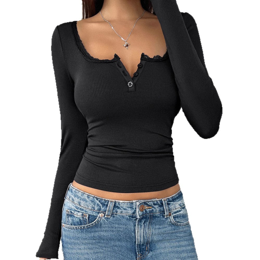 2025 european and american cross-border amazon new autumn/winter lace button v-neck fashion slim-fit long sleeve women's top