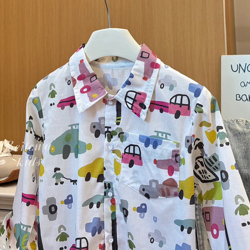 boys' spring/autumn casual top - new stylish cartoon print, trendy korean style, 100% cotton for toddlers and young children