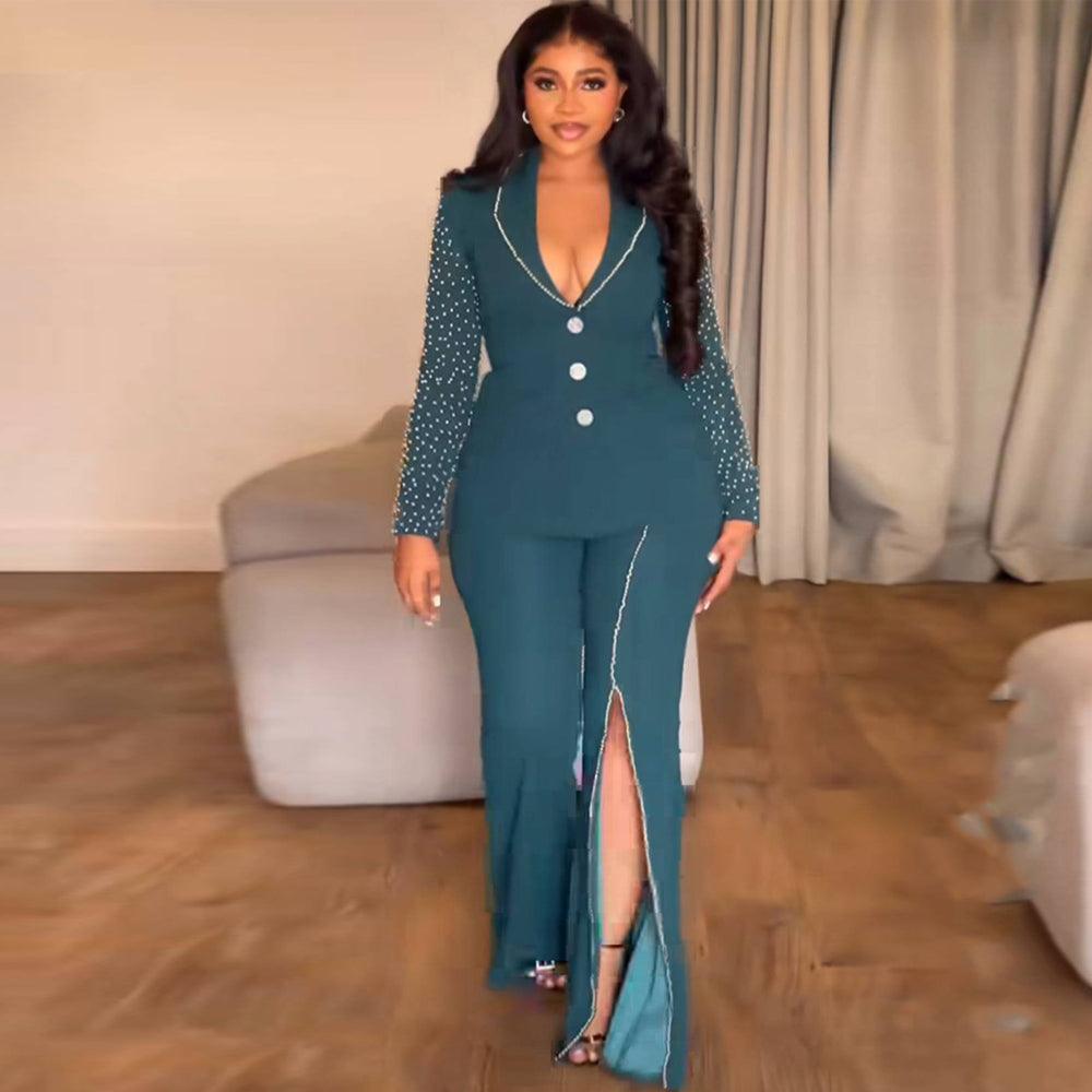 retrosexyv neck beaded long sleeves suit tops slit easiest for matchstraight-leg pants two-piece set