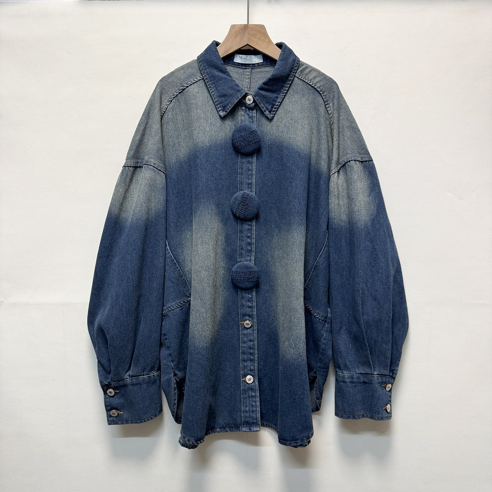 Export spring & fall lapel sense of design metal buckle retro gradient color washed looselong sleeves denim shirt shirt for women