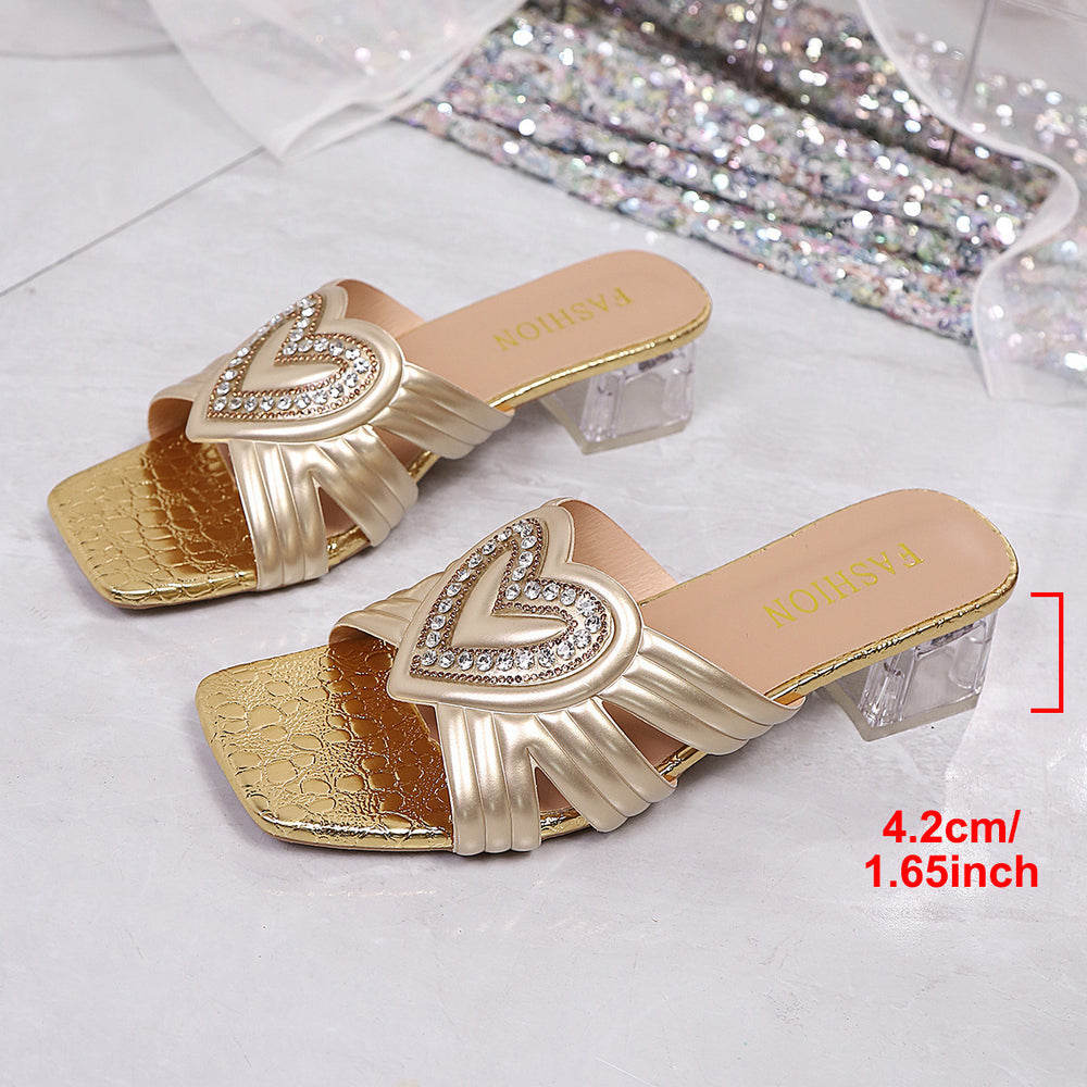 2026 summer new arrival: plus size women's casual rhinestone slides - chunky heel, perfect for skirts, cross-border e-commerce