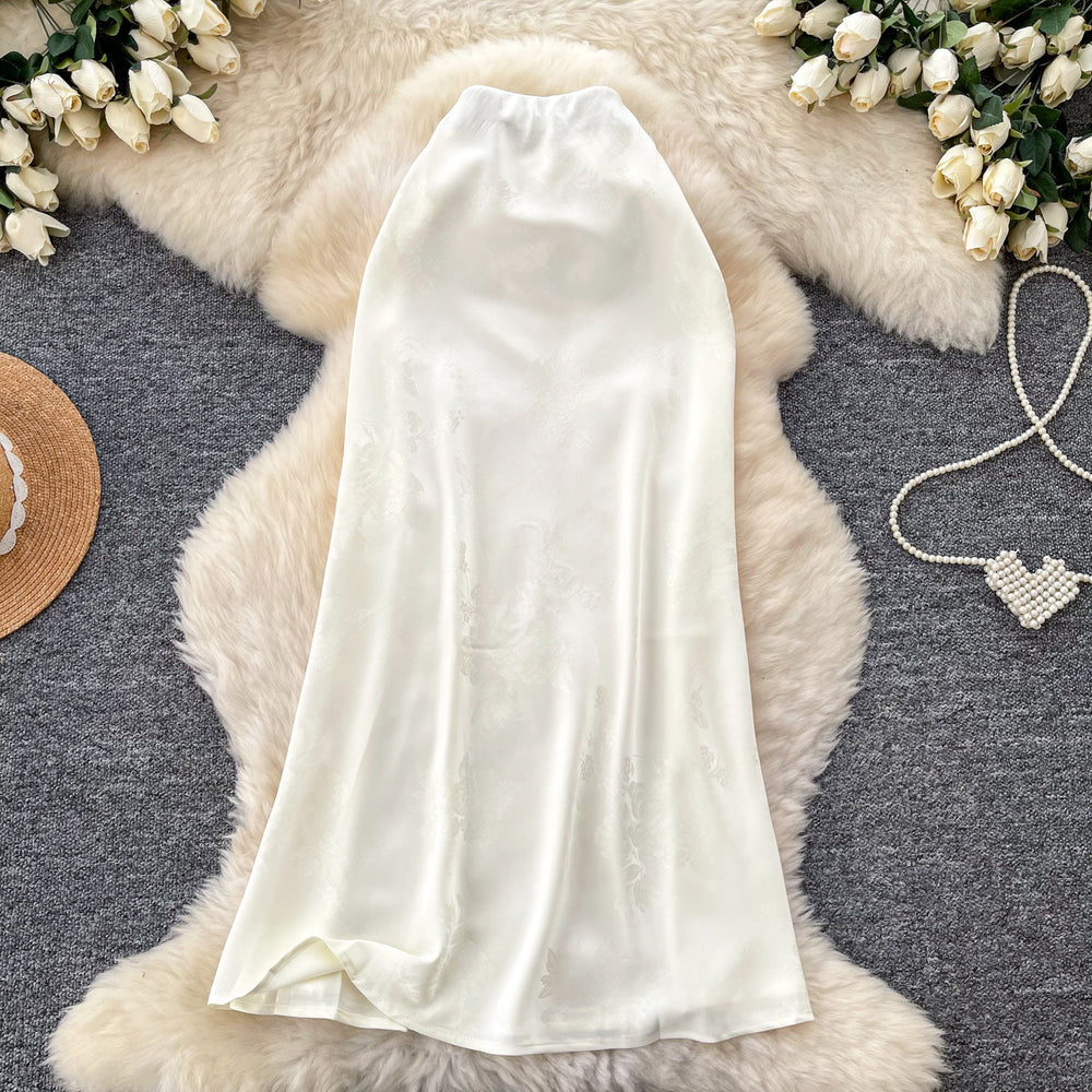 French acetate satin jacquard printed a-line midi skirt - korean style high waist slimming workwear spring new arrival