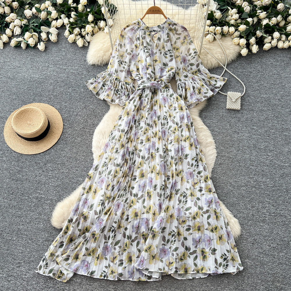 French chic floral print loose-fit dress - women's summer long sleeve a-line maxi dress - elegant and flattering, perfect for a sophisticated look
