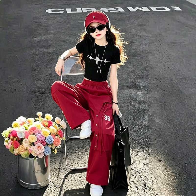 girls' fashion set: new summer letter print girl's short-sleeve loose-fit two-piece printed t-shirt set