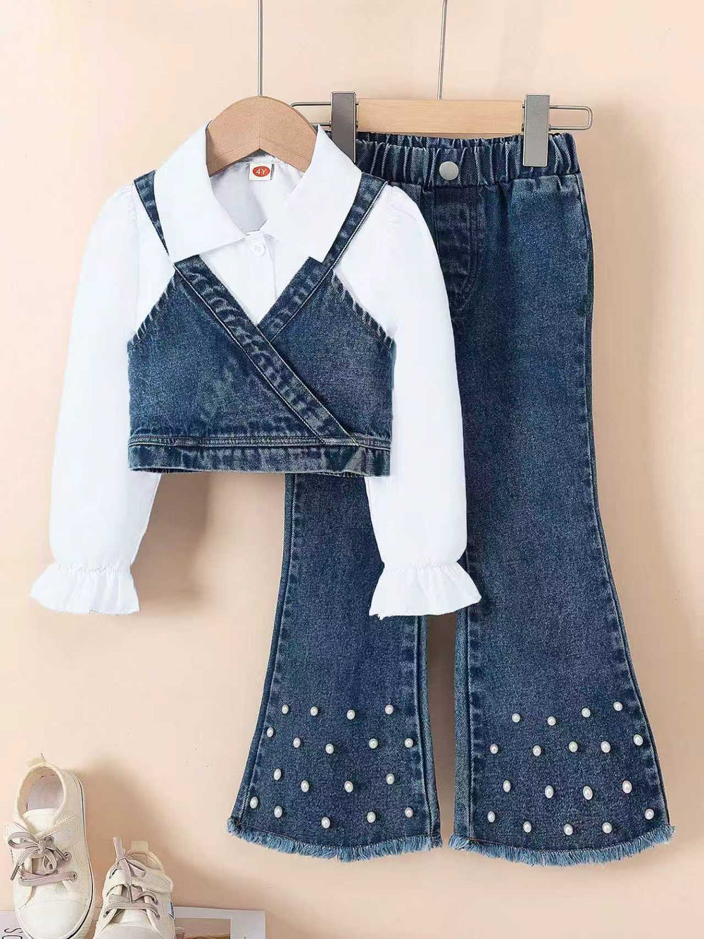 new autumn cross-border girls' collared shirt, denim vest, beaded denim flare pants three-piece set