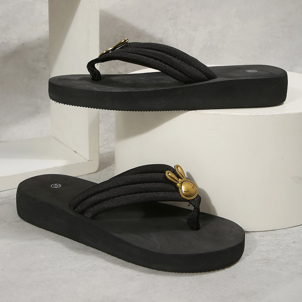 Plus size black flip-flops with cartoon design - summer thick-soled sandals & slippers - fashionable beach shoes for women