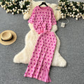 Elegant knitted set for women: high-end polka dot crewneck short sleeve top + midi slit knit skirt