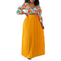 D3262 women's summer new arrival: fashionable v-neck printed top and pleated maxi skirt african two-piece set - cross-border outfit