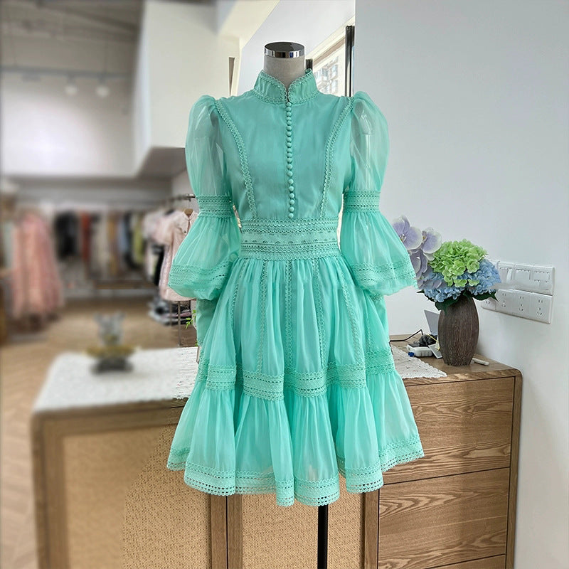 export design: autumn elegant court style lantern sleeve fitted waist dress with stand collar and lace trim mini skirt