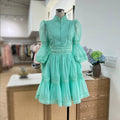 export design: autumn elegant court style lantern sleeve fitted waist dress with stand collar and lace trim mini skirt