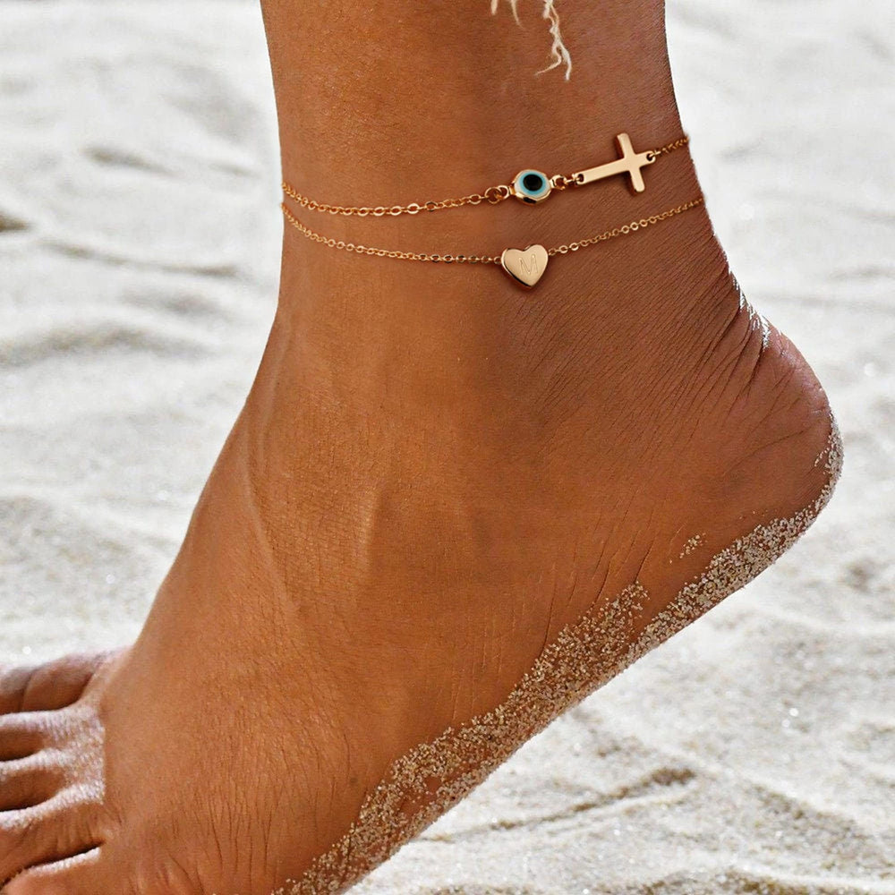 2025 european and american new anklet - devil's eye cross double layer anklet - minimalist pearl layered anklet for women