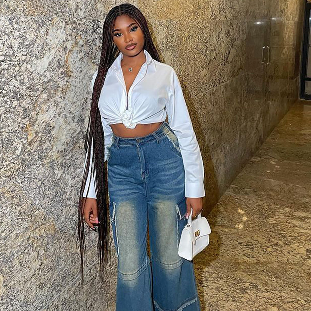 European and american style straight-leg jeans -  foreign trade women's fashion hot girl washed vintage high-waisted wide-leg pants