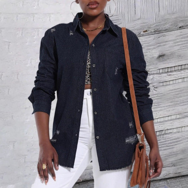 GTC08573 European and American   women's worn denim jacket retro feeling long slim early autumn