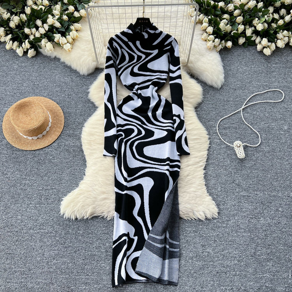 European and american style women's dress  new slimming fashionable printed high neck slit long knitted evening gown