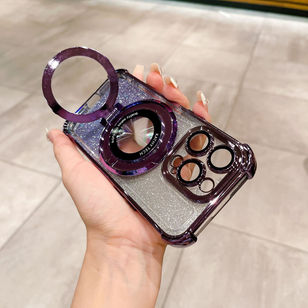 Magnetic magnifying glass stand compatible iphone 17 pro case, apple 16 glitter four-corner airbag shockproof cover