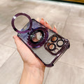 Magnetic magnifying glass stand compatible iphone 17 pro case, apple 16 glitter four-corner airbag shockproof cover