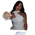 European and american style slim-fit women's daily wear halter neck bodycon dress - elegant, ruched, bandeau, fashionable solid color tie-up dress