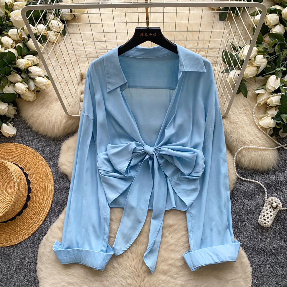 French work clothing style whiteelegantslimming looklong sleevesshirt women's summerloosebowscardigangirltops