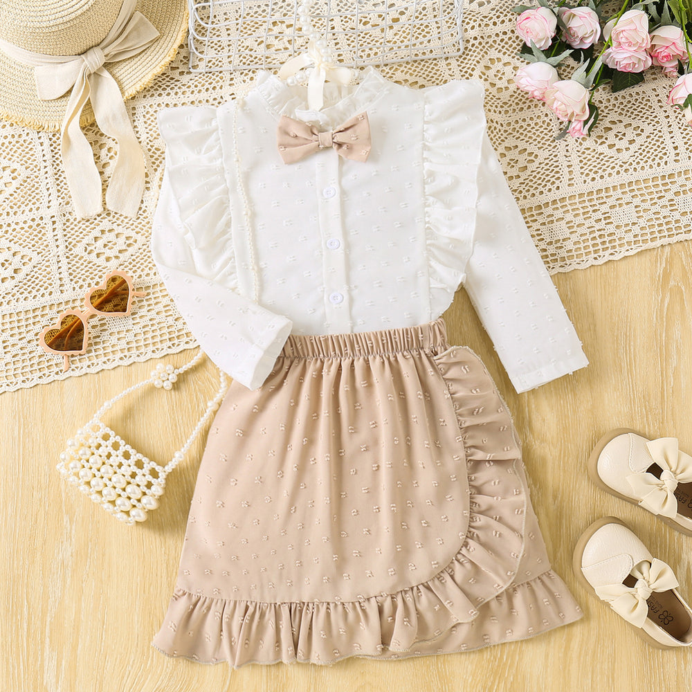 Girls' foreign trade skirt set: lace-trimmed white blouse with bow and ruffle hem skirt - two-piece outfit for kids