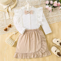 Girls' foreign trade skirt set: lace-trimmed white blouse with bow and ruffle hem skirt - two-piece outfit for kids