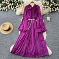 French heavy industry lantern sleeve silm dress for women k-style purple tie back waist a-line long skirt work clothingelegant