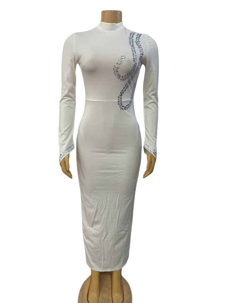 Cross-border European and American style new solid color autumn and winter semi-turtleneck hot diamond long-sleeved temperament slim-fitting hip-wrapped dress women's clothing