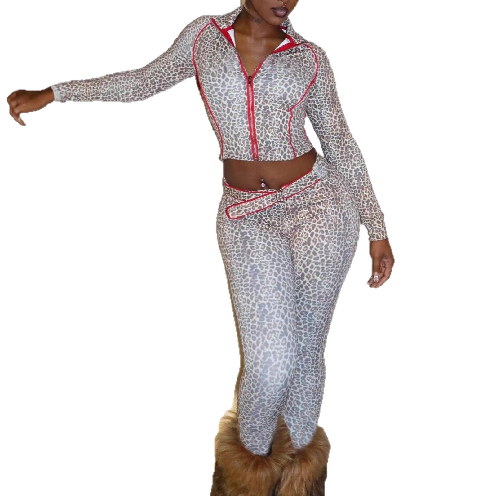 Cross-border Europe, America and 2025 new women's clothing Spice Girl hip-wrapped leopard print elastic trousers zipper cardigan two-piece set