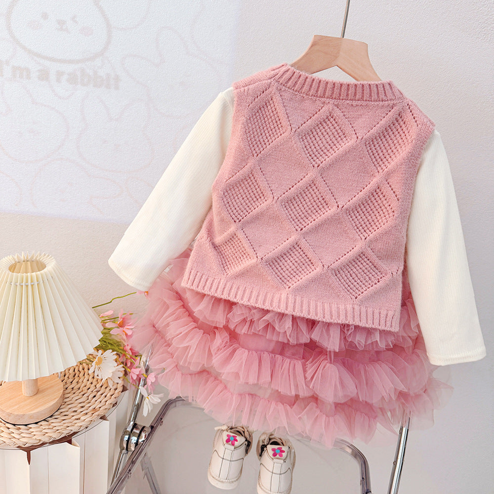 Girls' princess dress  new korean style round neck vest mesh skirt set little girl birthday dress spring and autumn