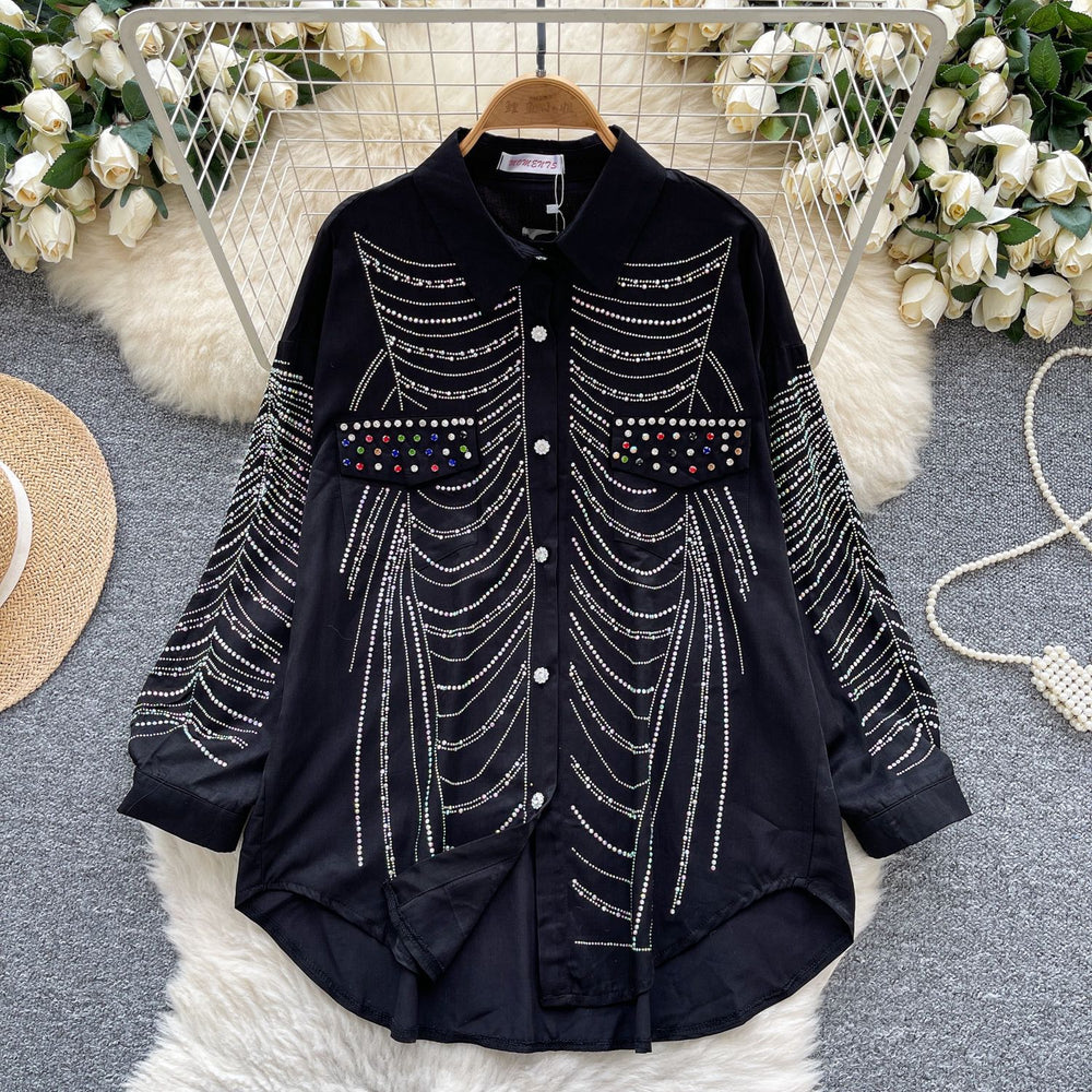 European fashion diamond-embellished long-sleeve shirt for women,  new arrival, relaxed fit, casual loose single-breasted top