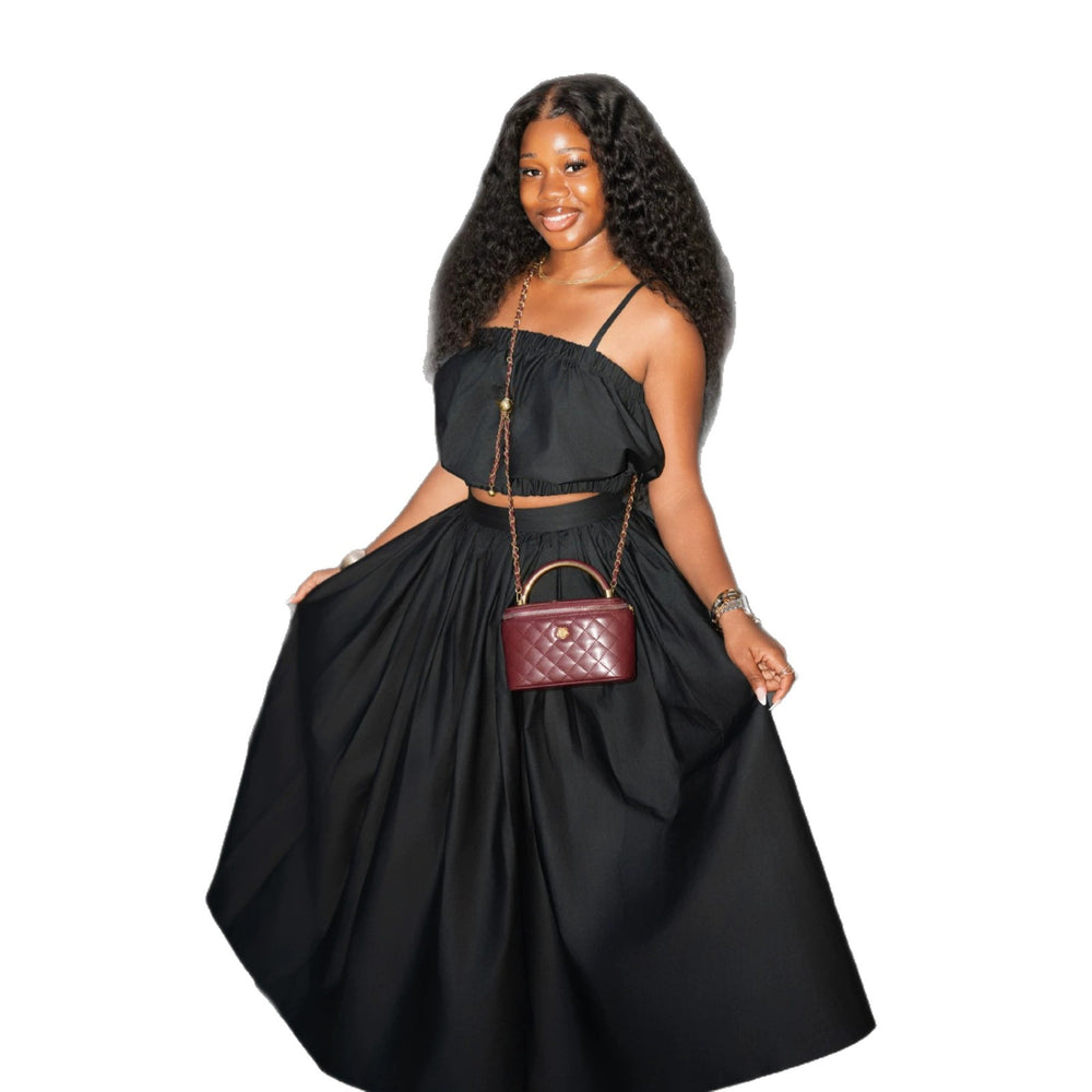 European, american, and african women's clothing:  summer new arrivals - fashionable and elegant bandeau top and high-waisted midi skirt set