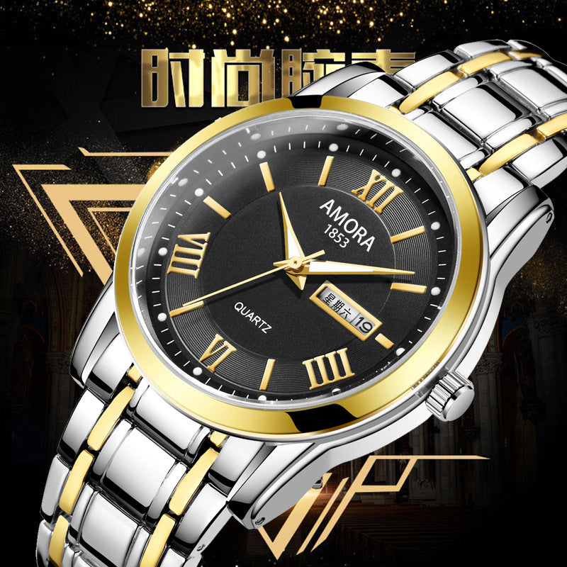 Business gold classic roman style watch stainless steel dual calendar non-mechanical waterproof quartz men's wristwatch - custom logo available