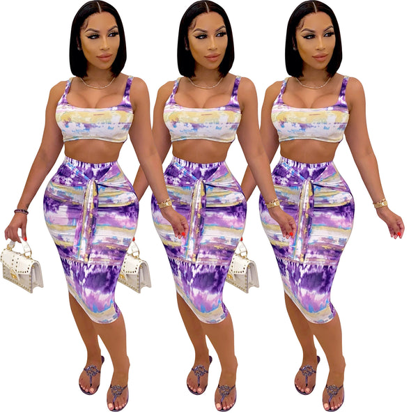 YZ1251 European and American  women's clothing   sexy fashion chest wrap waist tie-dye printed skirt two-piece set