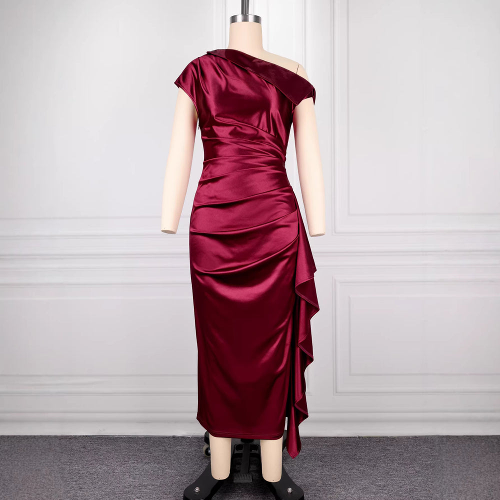 Burgundy slimming bodycon mini dress - one-shoulder high-waisted satin ruffle hem party dress