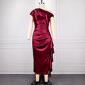 Burgundy slimming bodycon mini dress - one-shoulder high-waisted satin ruffle hem party dress
