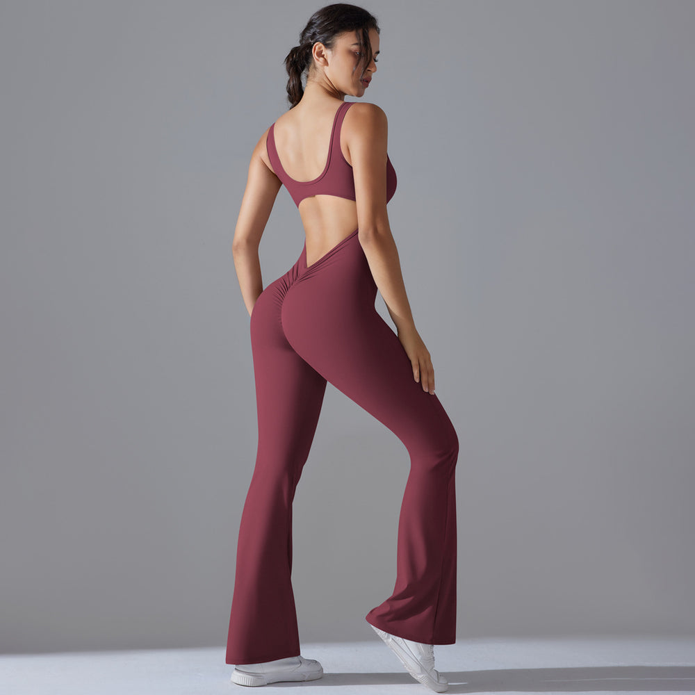 European and american cutout back bodysuit peach lift quick-dry tight workout gym outfit flare leg yoga jumpsuit for women