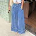 Fashionjeans women's elastic waist double-layer raw edge wide-leg mop pants soft washed denim casual