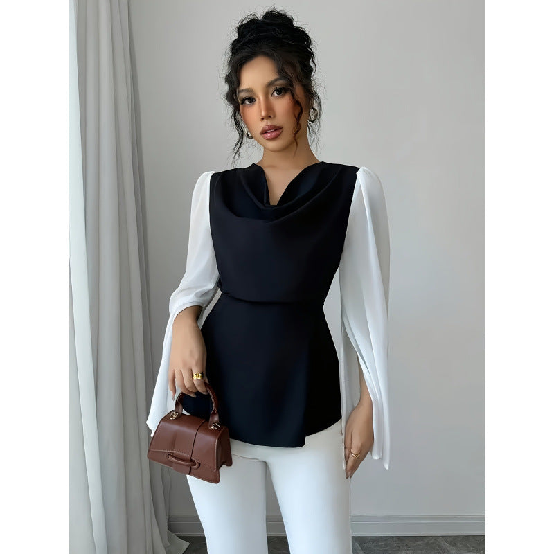 code new arrival  original women's black and whitecontrast colorpatchworktie back waist shirt