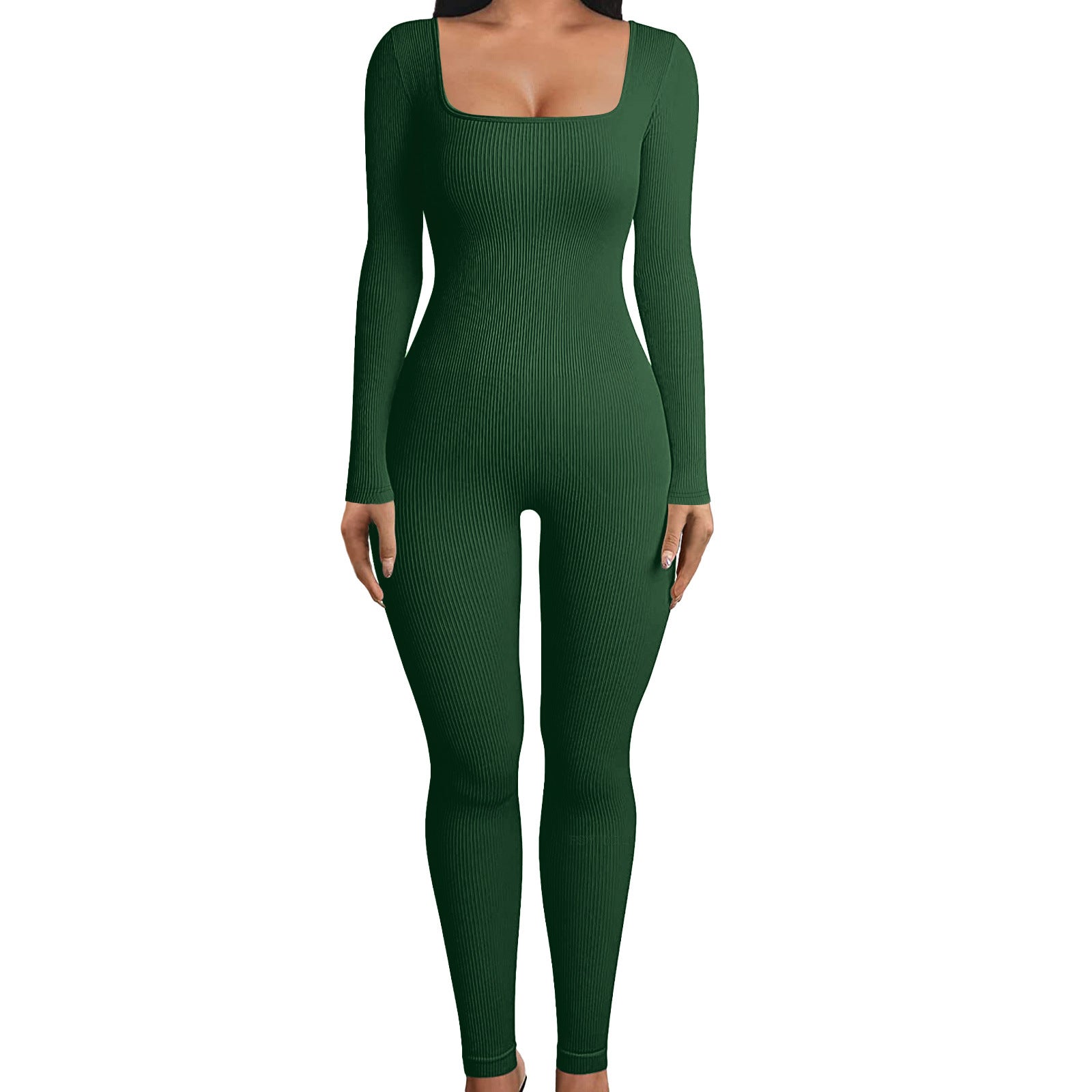 2024  women's clothing solid color long-sleeved vest onesie threaded square neck backless hip-lifting slim-fitting sports jumpsuit
