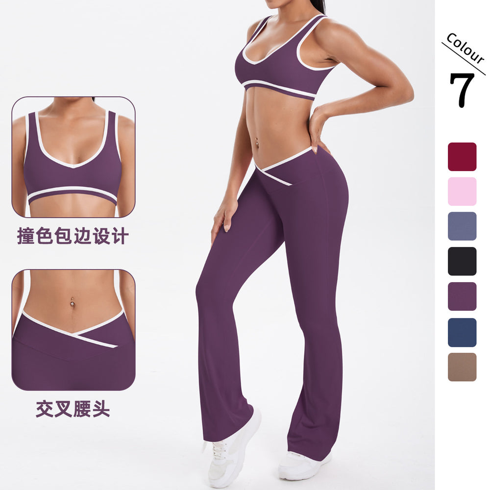 New arrival cross-border double-sided brushed contrast color tight breathable cross wide-leg yoga suit sports running fitness women