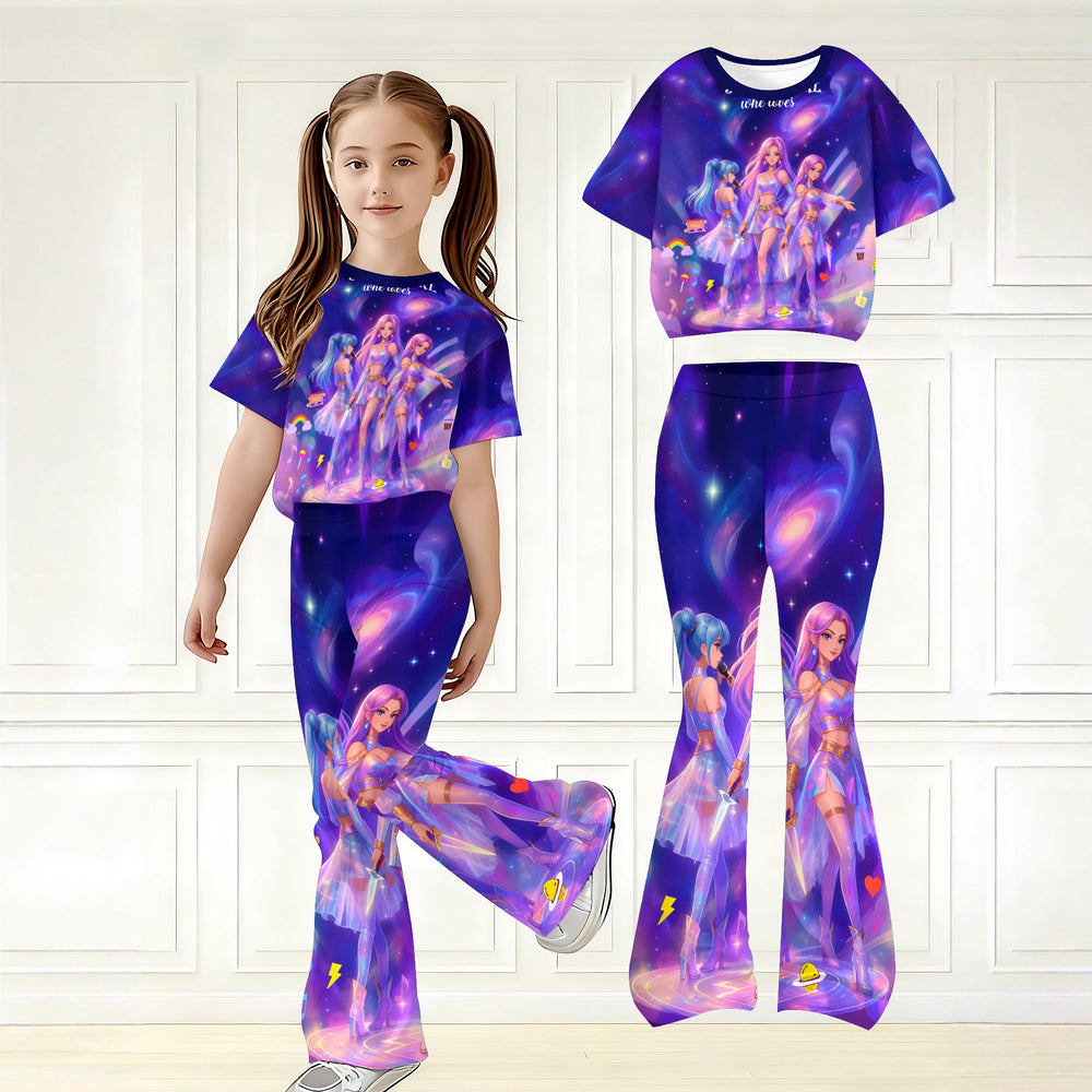 Girl's two-piece set featuring a short-sleeved top and long, flared pants. cute, playful, and lively style with a unique design