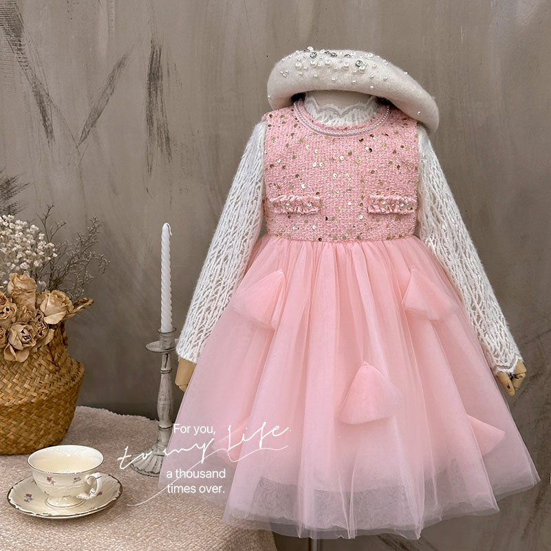 Girls' dress -  autumn new arrival: high-end starry sky sparkle princess dress with lace top, vest, and tutu skirt - trendy style